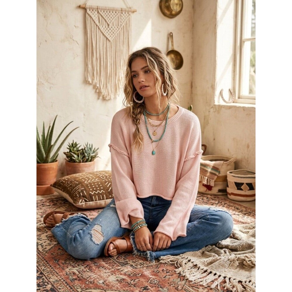Mimosa Cropped Knit Sweater Small Blush Pink Oversized Crewneck